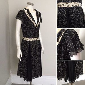 Black & Cream Drop Waist Sheer Flocked Dress with Flutter Ruffle Cap Sleeves M